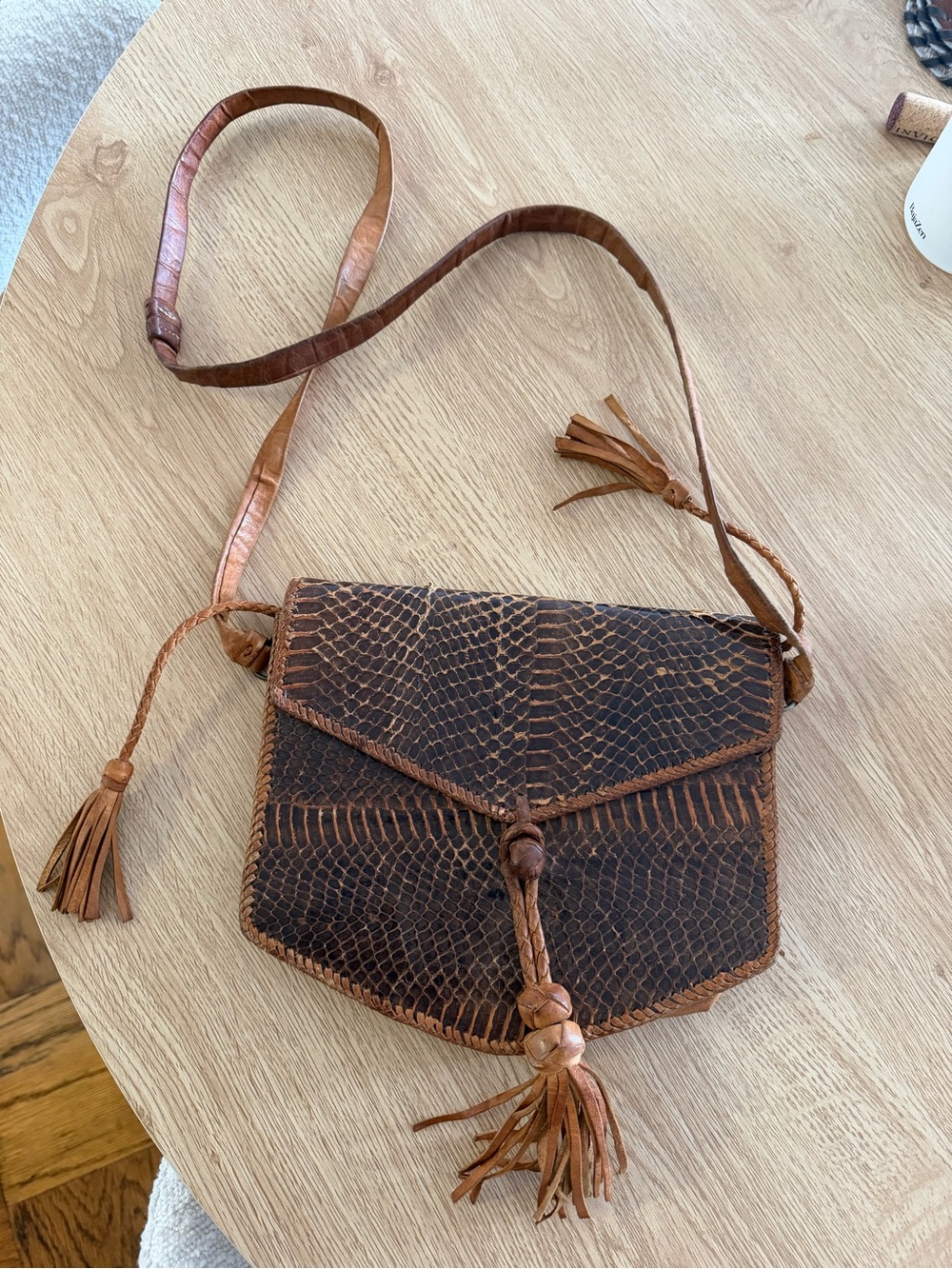 Brown Textured Leather Tassel Crossbody Bag -